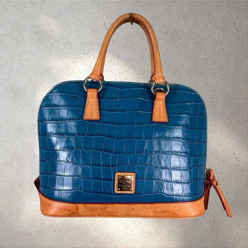 Dooney & Bourke Marine Blue Embossed Croc Leather Dome Satchel Bag